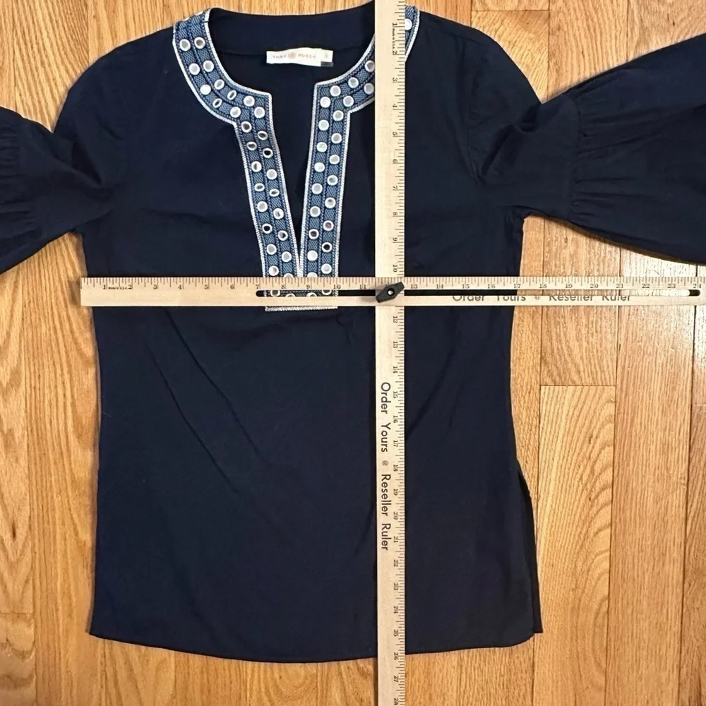 Tory Burch Womens Shirt Blue Sz 2 Bell Sleeve Ariana Tunic Embellished Boho Top